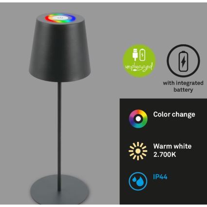 Briloner 7507015 - LED RGB stlmiteľná nabíjateľná vonkajšia stolová lampa 2 v 1 LED/2,5W/5V IP44 1200 mAh antracit