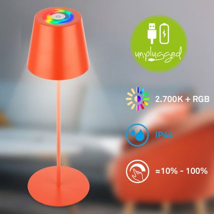 Briloner 7510012 - LED RGBW stmievateľná vonkajšia nabíjacia stolová lampa CALIDA LED/2,5W/5V IP44 1200 mAh oranžová