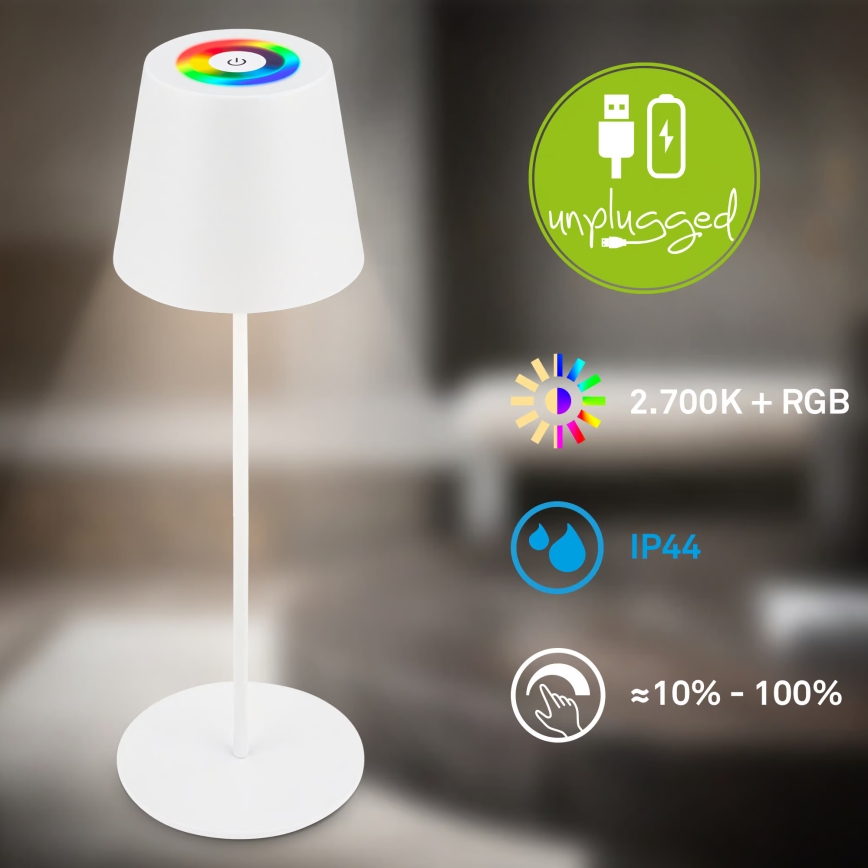 Briloner 7510016 - LED RGBW Stmievateľná vonkajšia nabíjacia stolová lampa CALIDA LED/2,5W/5V IP44 1200 mAh biela