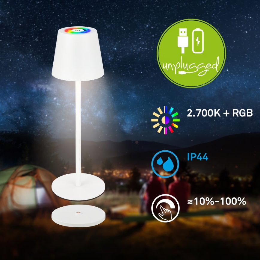 Briloner 7517016 - LED RGBW Stmievateľná nabíjateľná vonkajšia stolová lampa CILANO LED/3W/5V IP44 2000 mAh biela