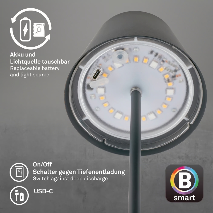 Briloner 7559015 - LED RGB stmievateľná nabíjateľná vonkajšia stolová lampa COLORIS LED/3,5W/5V IP44 2000 mAh antracit Wi-Fi Tuya