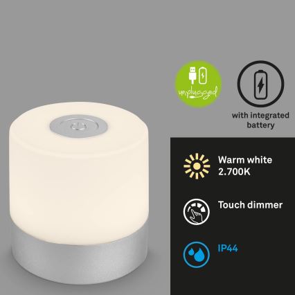 Briloner - Stmievateľná nabíjateľná dotyková vonkajšia stolová LED lampa, 2 W/5 V, 2700 K, IP44, 1200 mAh, matný chróm