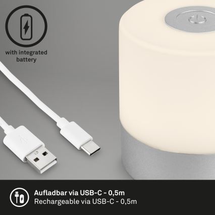 Briloner - Stmievateľná nabíjateľná dotyková vonkajšia stolová LED lampa, 2 W/5 V, 2700 K, IP44, 1200 mAh, matný chróm