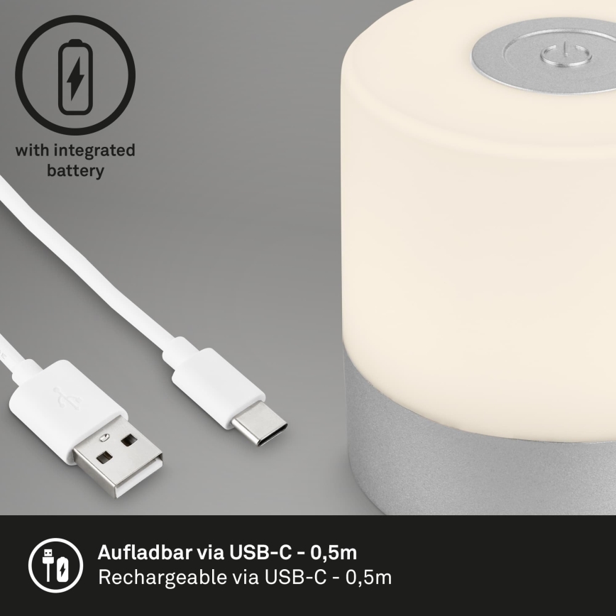 Briloner - Stmievateľná nabíjateľná dotyková vonkajšia stolová LED lampa, 2 W/5 V, 2700 K, IP44, 1200 mAh, matný chróm