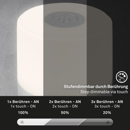 Briloner - Stmievateľná nabíjateľná dotyková vonkajšia stolová LED lampa, 2 W/5 V, 2700 K, IP44, 1200 mAh, matný chróm