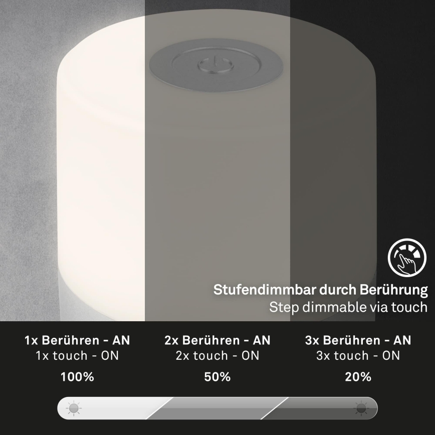 Briloner - Stmievateľná nabíjateľná dotyková vonkajšia stolová LED lampa, 2 W/5 V, 2700 K, IP44, 1200 mAh, matný chróm