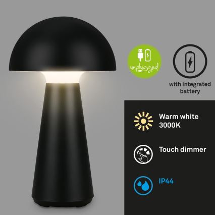 Briloner - LED Stmievateľná nabíjateľná dotyková vonkajšia stolová lampa LED/2,6W/5V 3000K IP44 2000 mAh čierna