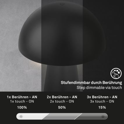 Briloner - LED Stmievateľná nabíjateľná dotyková vonkajšia stolová lampa LED/2,6W/5V 3000K IP44 2000 mAh čierna