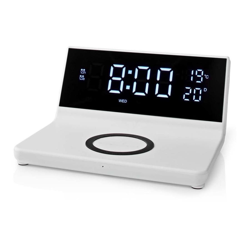 Budík s LCD displejom a bezdrôtovou nabíjačkou 15W/230V + 1xCR2032 biela