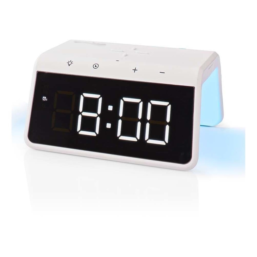 Budík s LCD displejom a bezdrôtovou nabíjačkou 15W/5V 1xCR2032 biela