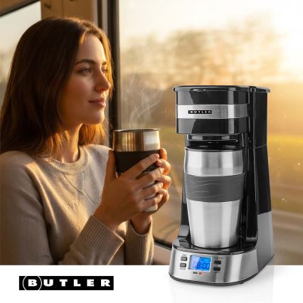 Butler - Kávovar na jednu šálku 0,4 l s časovačom a cestovným hrnčekom 750W/230V nerez/čierna
