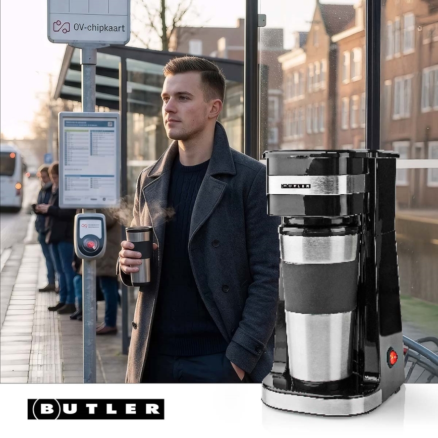 Butler - kávovar na jeden hrnček 0,4 l s cestovným hrnčekom 750 W/230 V nerez/čierna