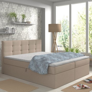 Čalúnená posteľ EMBER 160x200 cm s matracmi, topperom a úložným priestorom, béžová