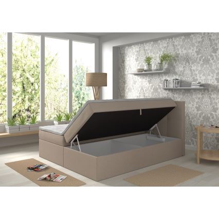 Čalúnená posteľ EMBER 160x200 cm s matracmi, topperom a úložným priestorom, béžová