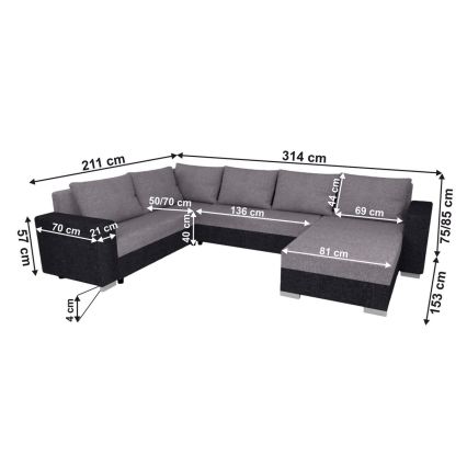 Čalúnená univerzálna rozkladacia sedacia súprava do U YORK šedá/čierna