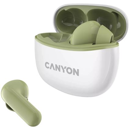Canyon - Bezdrôtové stereo slúchadlá True Wireless 500 mAh + 2x 40 mAh biela/zelená