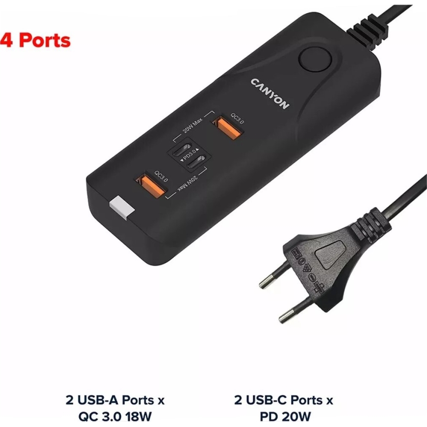 Canyon - Nabíjačka 2xUSB A + 2xUSB C Power Delivery 20W