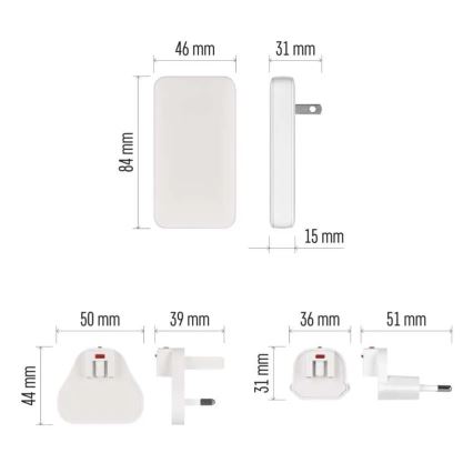 Cestovný adaptér s vymeniteľnými nástavcami USB GaN 100-250V