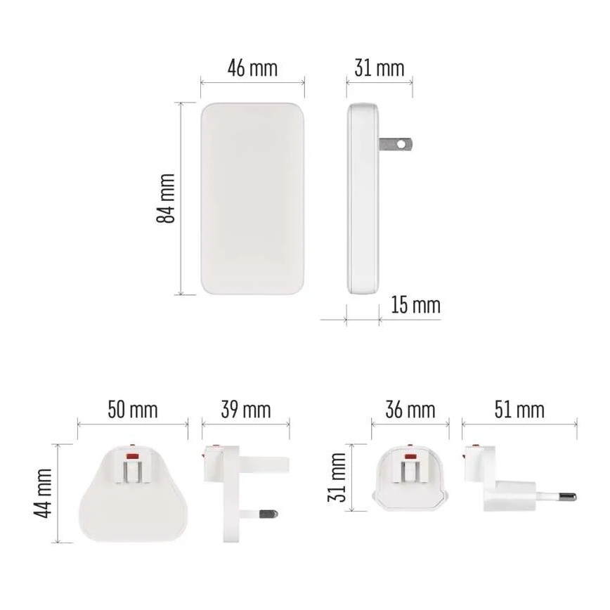 Cestovný adaptér s vymeniteľnými nástavcami USB GaN 100-250V