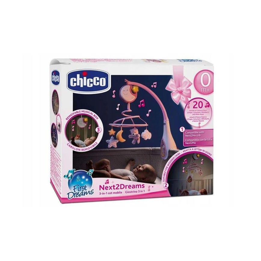 Chicco - Kolotoč nad postieľku s melódiou 3v1 NEXT2DREAMS 3xAA ružová