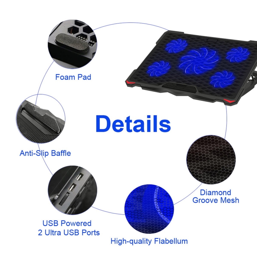 Chladiaca podložka pod notebook 5x ventilátor 2xUSB čierna