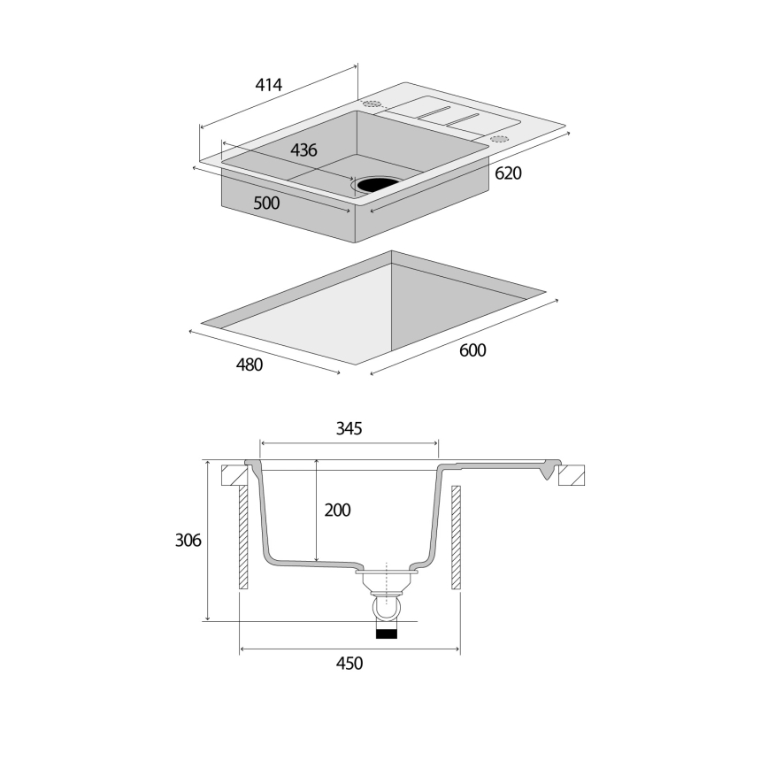 Concept DG05C45BC - Kuchynský drez CUBIS 50x62 cm granit/čierna