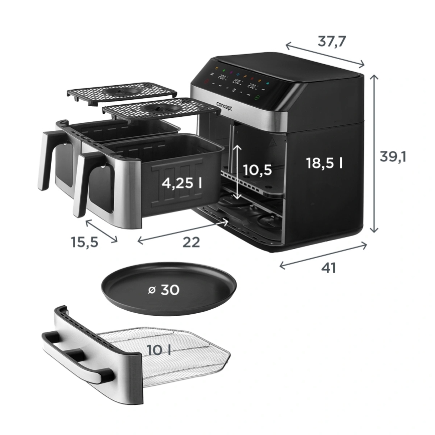 Concept FR9000 - Teplovzdušná fritéza PIZZA TRIO 18,5 l 2700W/230V nerez/čierna