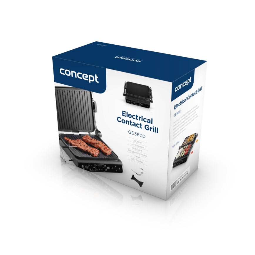 Concept ge3600 - Kontaktný gril s teplotnou sondou GLASS 2000W/230V čierna