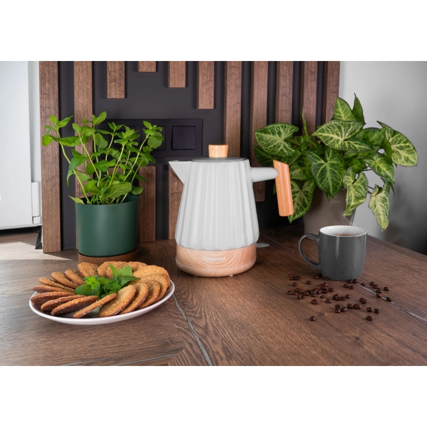 Concept RK0091 - Rýchlovarná kanvica 1,5 l 1500W/230V svetlosivá/drevený dekor/keramika