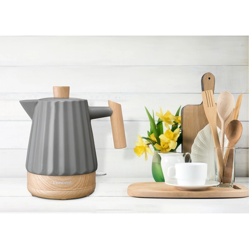 Concept RK0092 - Rýchlovarná kanvica 1,5 l 1500W/230V tmavošedá/drevený dekor/keramika