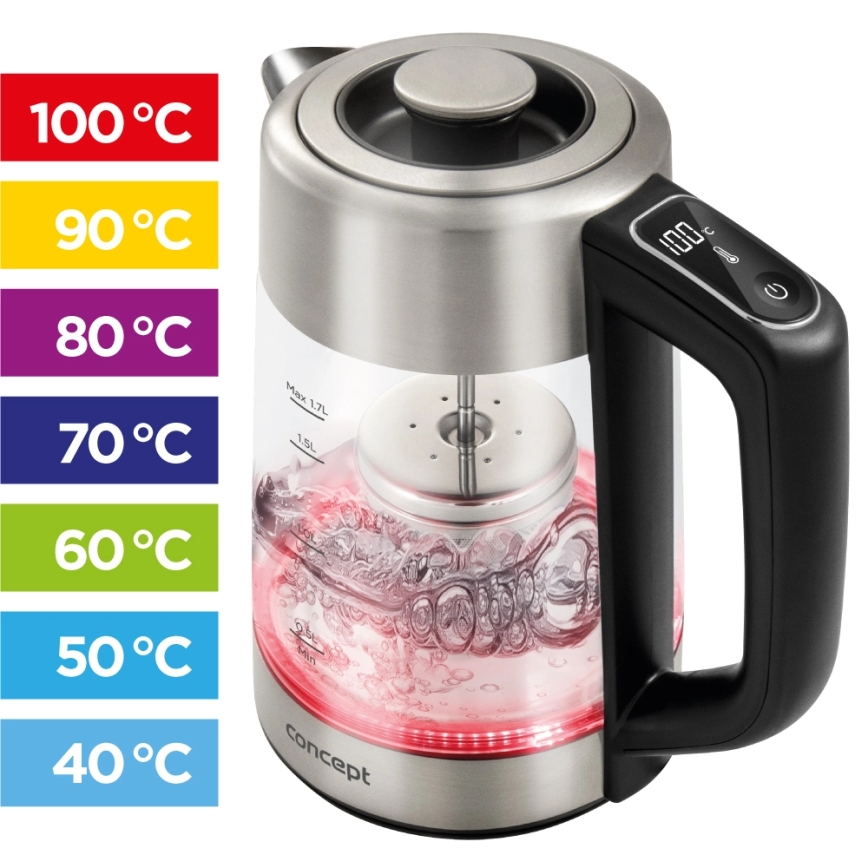 Concept RK4190 - Rýchlovarná kanvica s reguláciou teploty a filtrom, 1,7 l, 2200 W/230 V, nerezové prevedenie