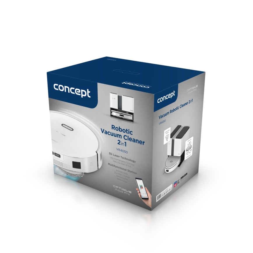 Concept VR4050 - Inteligentný robotický vysávač s mopom 2 v 1 OPTIMUS AQUA PRO LASER 3D 600W/230V 5200 mAh Wi-Fi biela