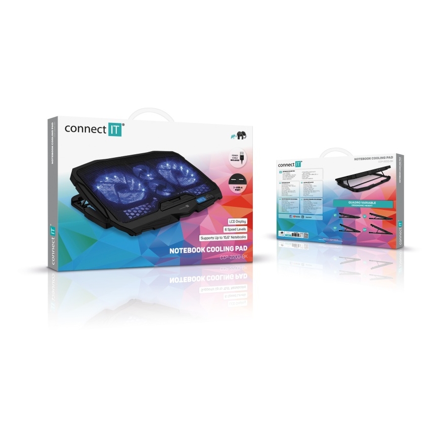 CONNECT IT CCP-2200-BK - Chladiaca podložka pre notebook 4x ventilátor 2xUSB čierna//modrá