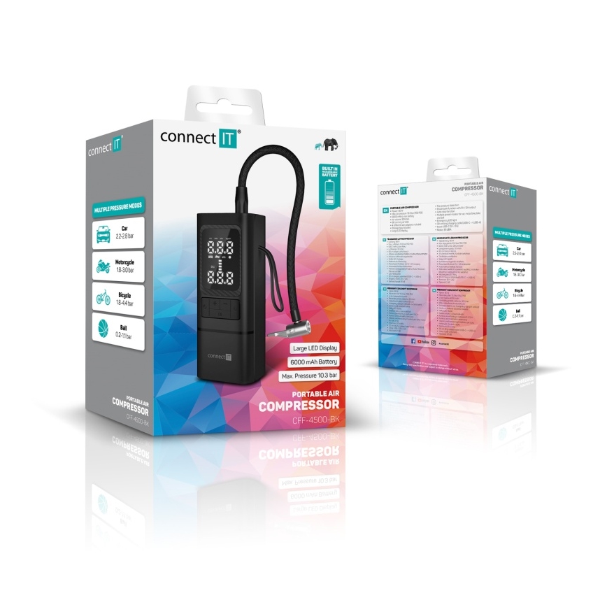 CONNECT IT CFF-4500-BK - Digitálny kapesný kompresor AirFlow 80W/6000 mAh čierna