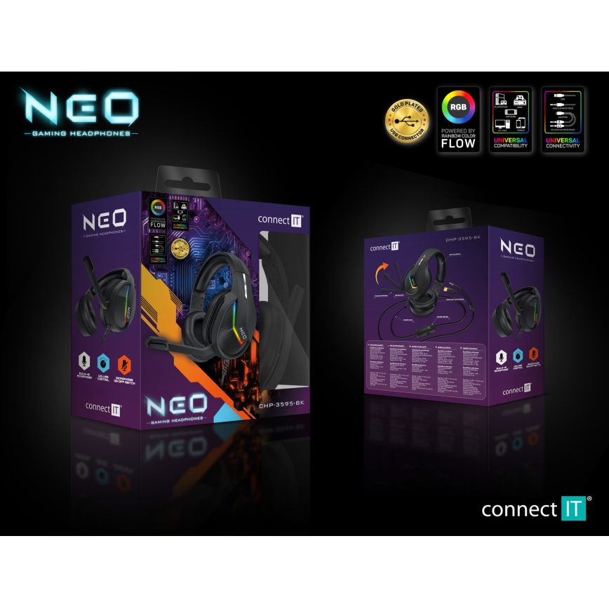 CONNECT IT CHP-3595-BK - LED RGB Herné káblové slúchadlá s mikrofónom čierna