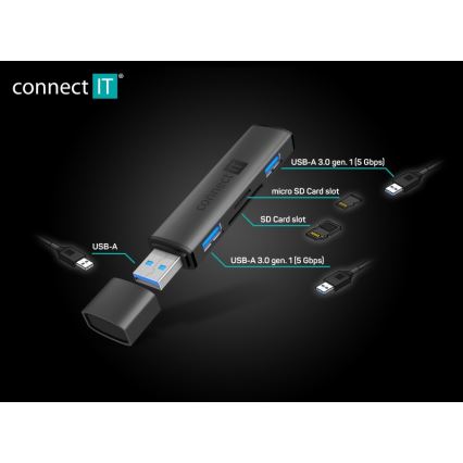 CONNECT IT CHU-4060-AN - USB-A hub s čítačkou pamäťových kariet 4v1