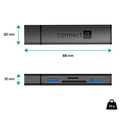 CONNECT IT CHU-4060-AN - USB-A hub s čítačkou pamäťových kariet 4v1