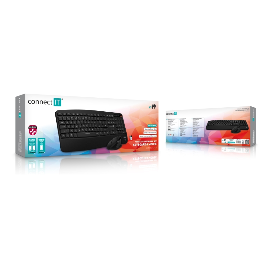CONNECT IT CKM-6010-CS - Ergonomická bezdrôtová klávesnica a myš 800/1200/1600/2400 DPI s CZ/SK lokalizáciou 1xAA + 2xAAA čierna