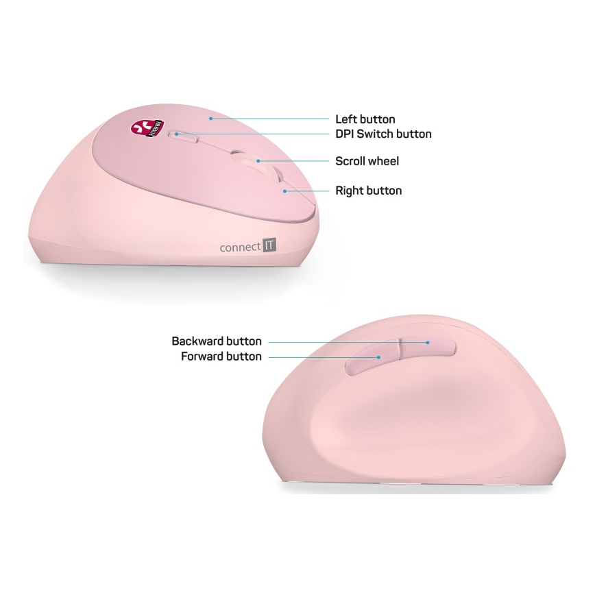CONNECT IT CMO-2600-PK - Ergonomická bezdrôtová myš 800/1200/1600 DPI 1xAA ružová