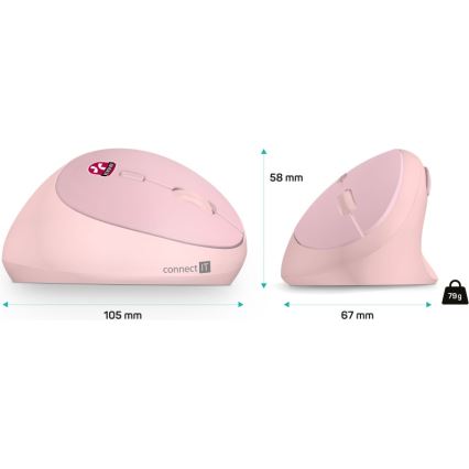 CONNECT IT CMO-2600-PK - Ergonomická bezdrôtová myš 800/1200/1600 DPI 1xAA ružová