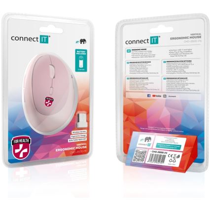 CONNECT IT CMO-2600-PK - Ergonomická bezdrôtová myš 800/1200/1600 DPI 1xAA ružová