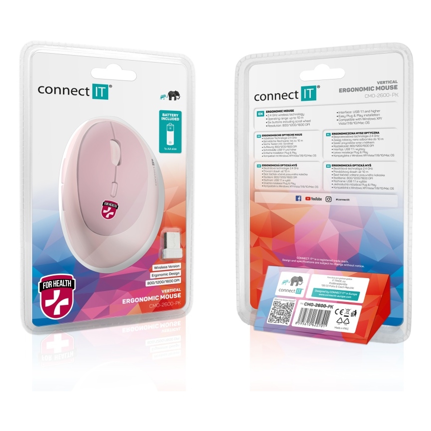 CONNECT IT CMO-2600-PK - Ergonomická bezdrôtová myš 800/1200/1600 DPI 1xAA ružová