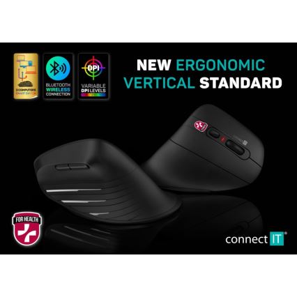 CONNECT IT CMO-2880-BK - Ergonomická bezdrôtová myš Verti TriMode 1000/1600/2400 DPI 2xAAA čierna