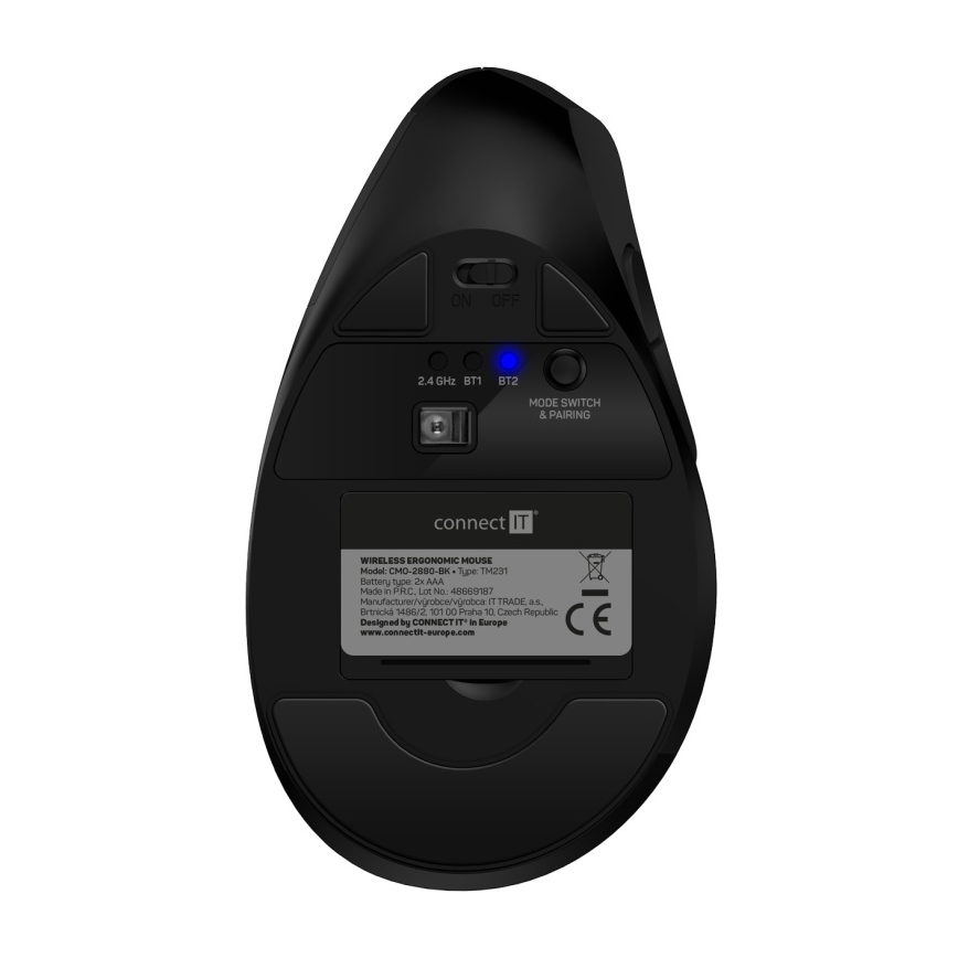 CONNECT IT CMO-2880-BK - Ergonomická bezdrôtová myš Verti TriMode 1000/1600/2400 DPI 2xAAA čierna