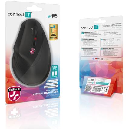 CONNECT IT CMO-2880-BK - Ergonomická bezdrôtová myš Verti TriMode 1000/1600/2400 DPI 2xAAA čierna