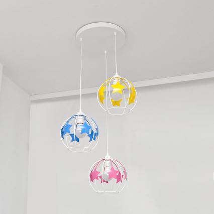 Detský luster na lanku STARS 3xE27/15W/230V modrá/ružová/žltá