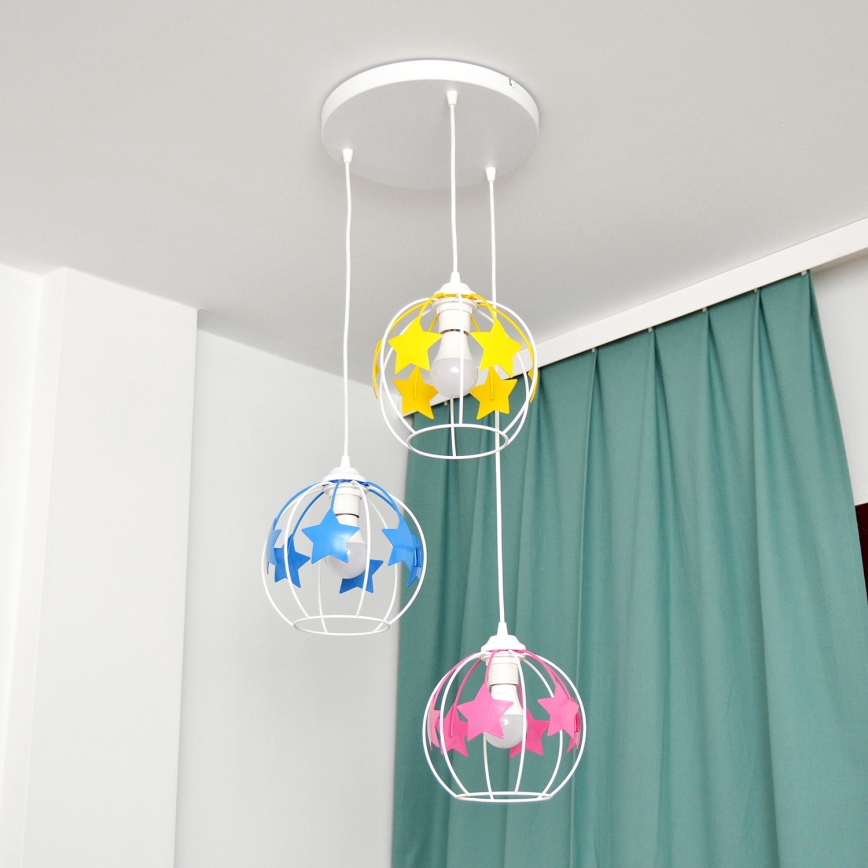 Detský luster na lanku STARS 3xE27/15W/230V modrá/ružová/žltá