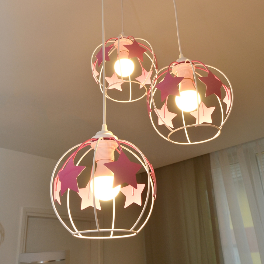 Detský luster na lanku STARS 3xE27/15W/230V ružová/biela