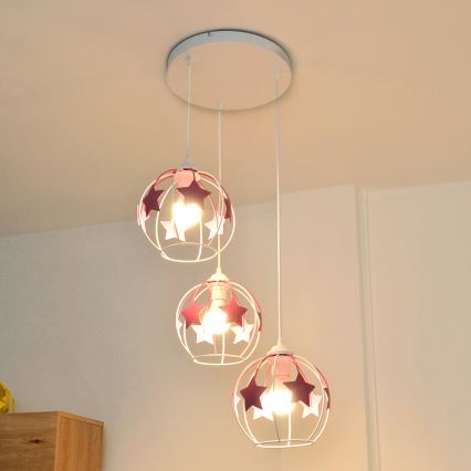 Detský luster na lanku STARS 3xE27/15W/230V ružová/biela