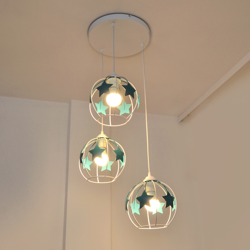 Detský luster na lanku STARS 3xE27/15W/230V tyrkysová/biela